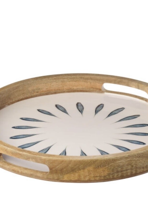 Plateau Rond Bois De Manguier Bleu/Blanc