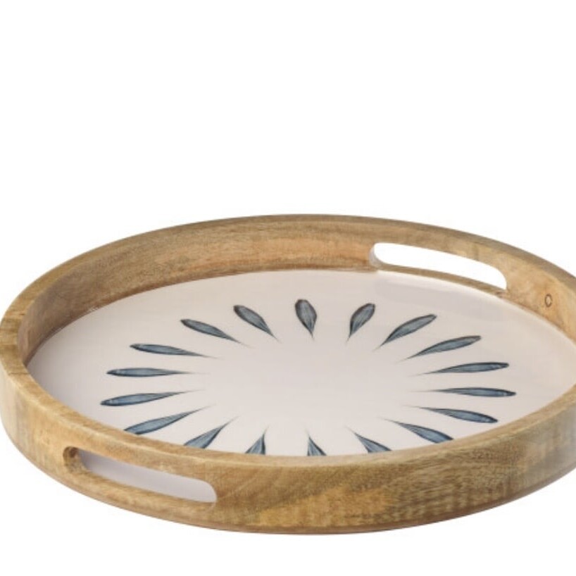 Plateau Rond Bois De Manguier Bleu/Blanc