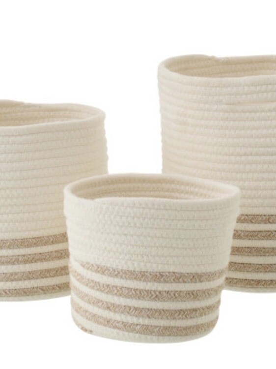 Set 3 Paniers Rangements Lignes Blanc/Beige