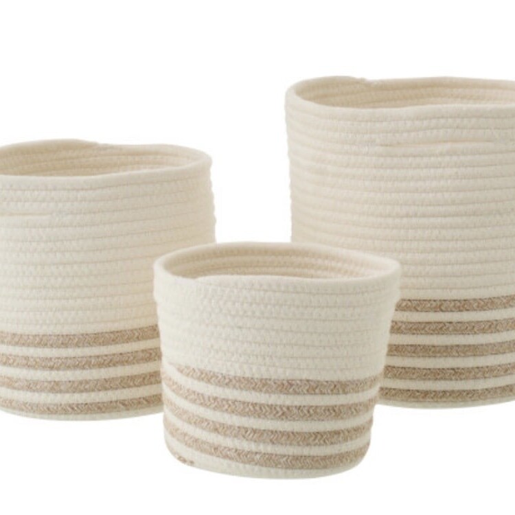 Set 3 Paniers Rangements Lignes Blanc/Beige