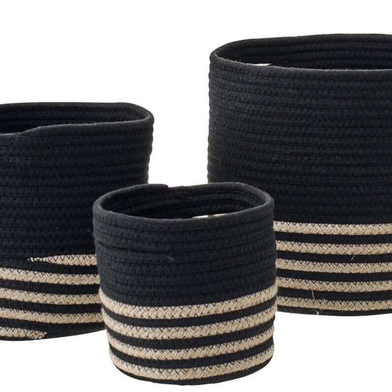 Set 3 Paniers Rangements Lignes Noir/Beige