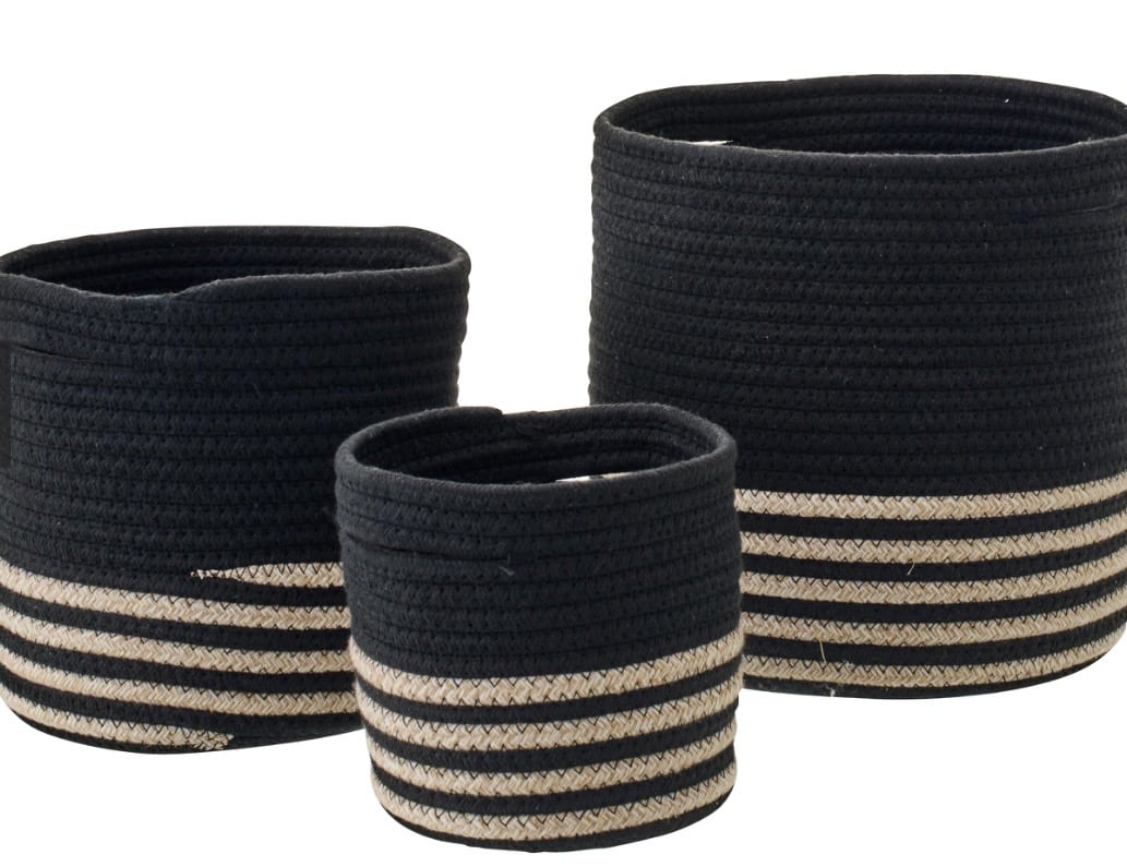 Set 3 Paniers Rangements Lignes Noir/Beige