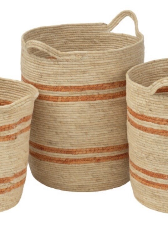 Set 3 Paniers Rangements Lignes Naturel/Orange