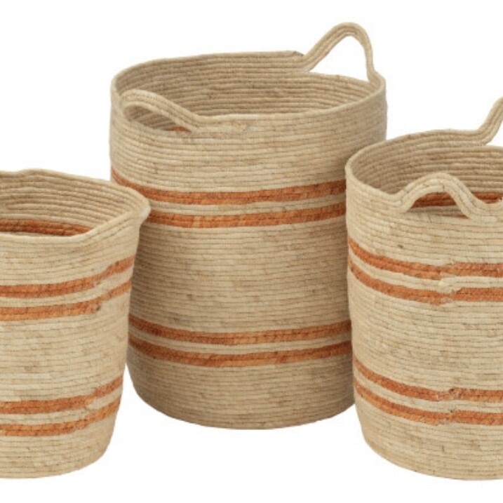 Set 3 Paniers Rangements Lignes Naturel/Orange