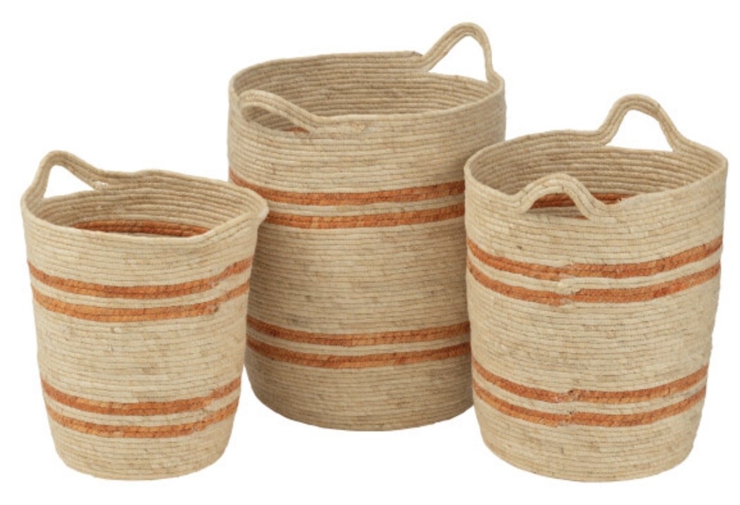 Set 3 Paniers Rangements Lignes Naturel/Orange
